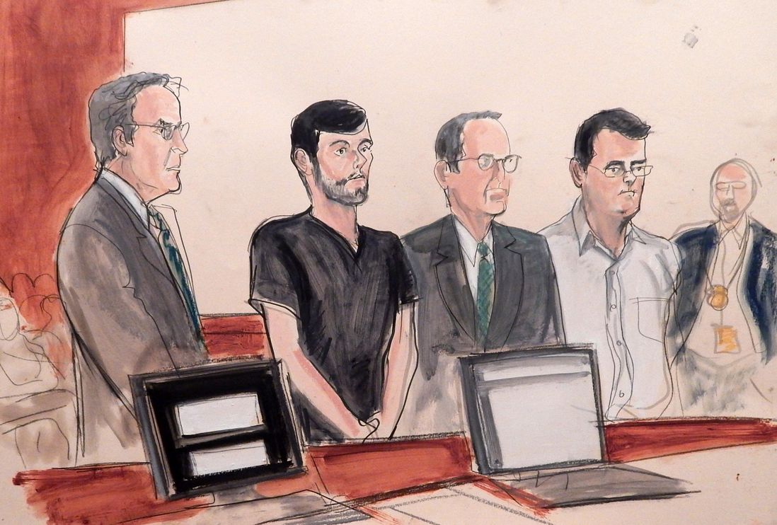 In a courtroom sketch by Elizabeth Willians, Shkreli and Greebel stand before the court<br>